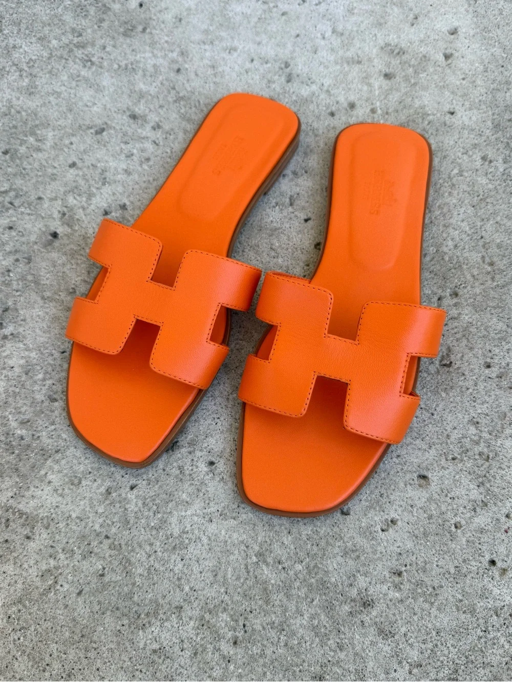 Hermes Orange Leather H-Strap Slide Sandals